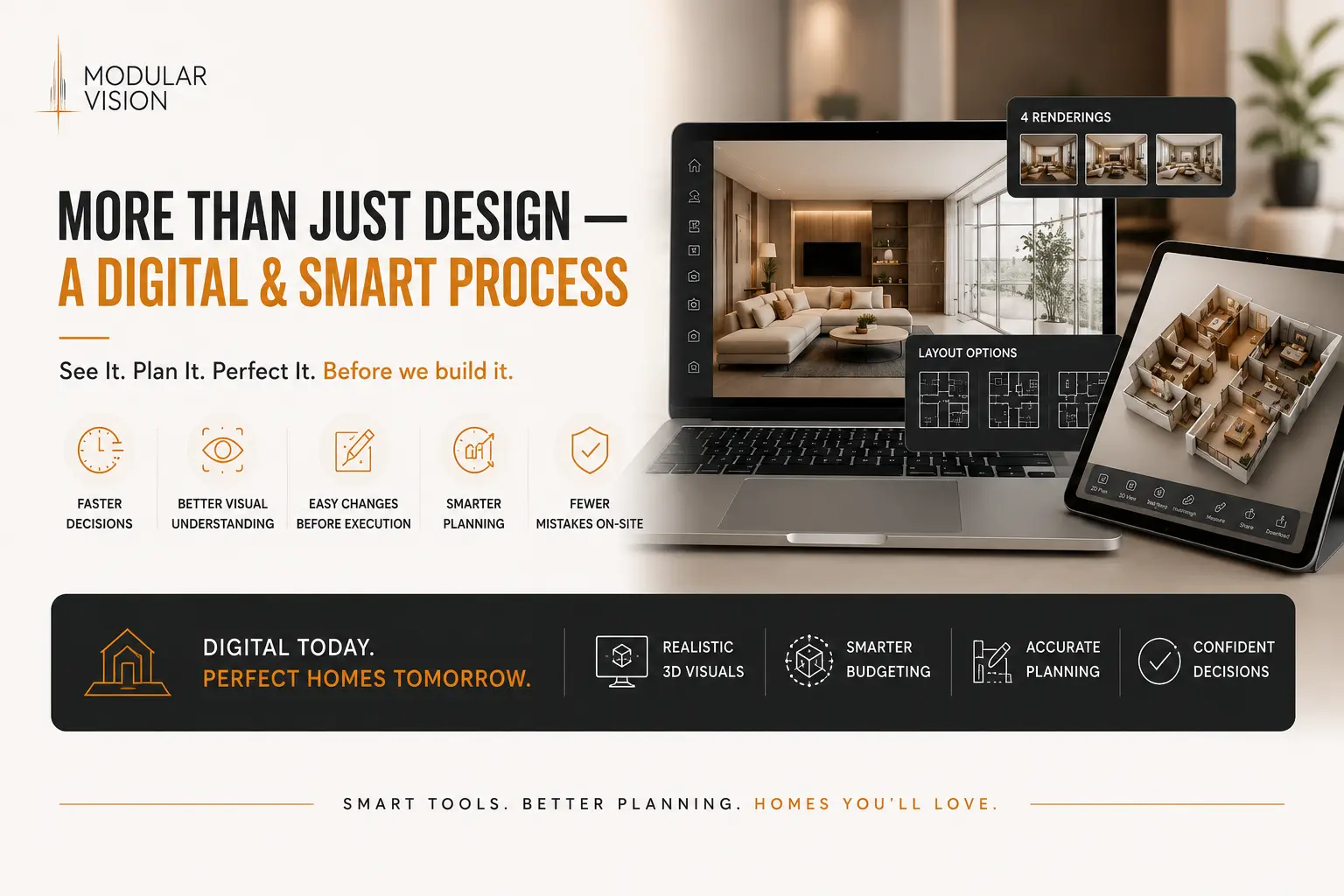 "Modular Vision infographic showcasing a digital home design process with 3D visualization, smart planning tools, AI-assisted design, and interactive floor plans."