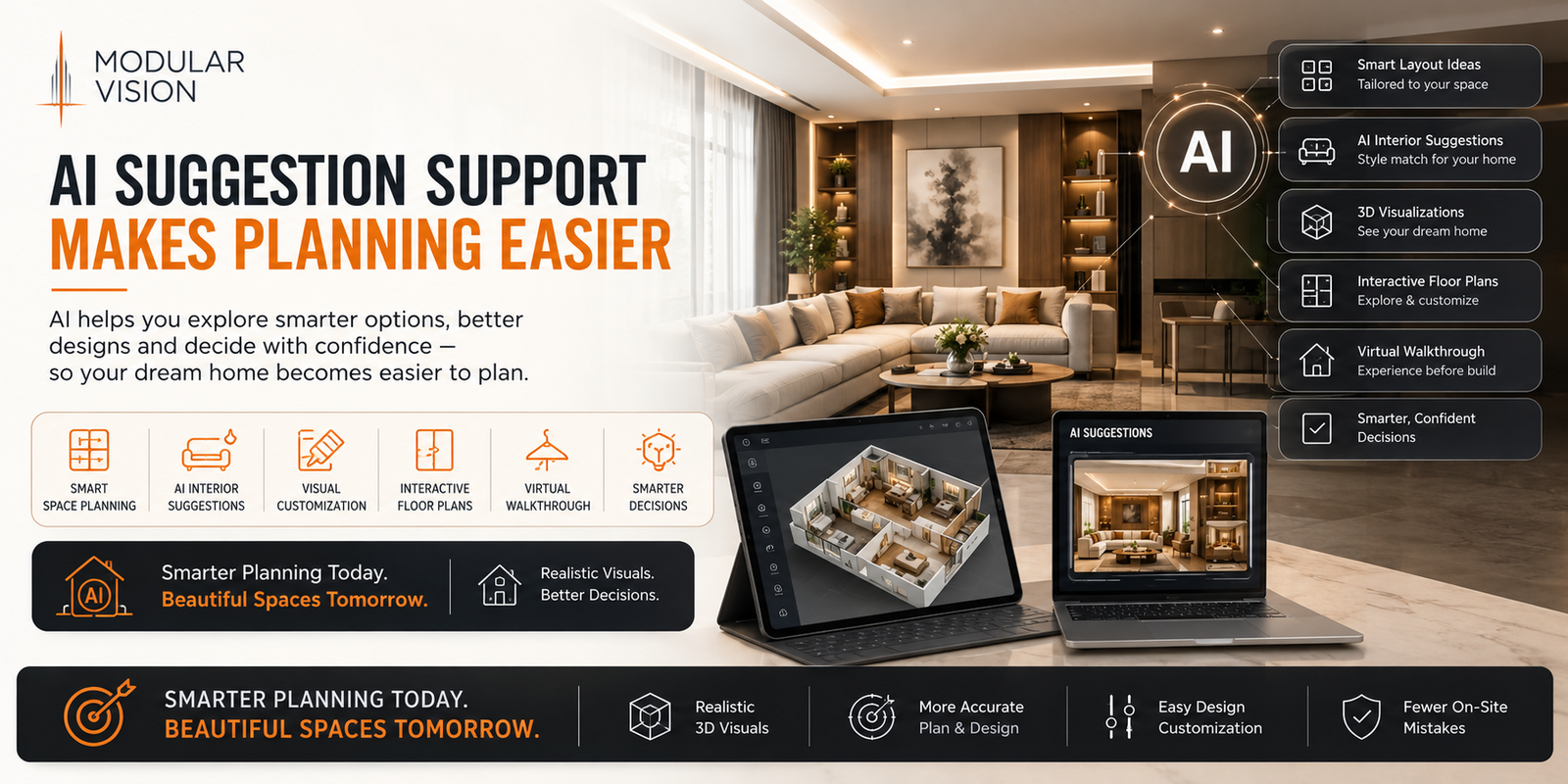 "Modular Vision infographic showcasing AI-powered home design support with smart planning tools, 3D floor plans, personalized design suggestions, and interactive visualization for easier interior planning."