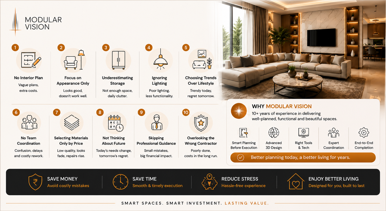 "Modular Vision infographic highlighting common interior design planning mistakes and the benefits of professional end-to-end interior design services."