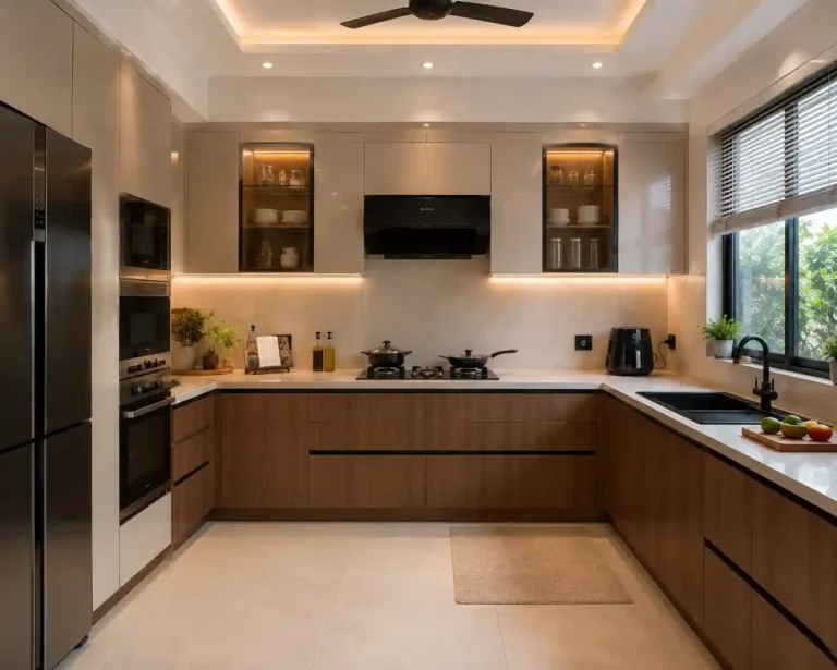 U-shaped modular kitchen with premium wooden cabinets in Sohna Road Gurgaon