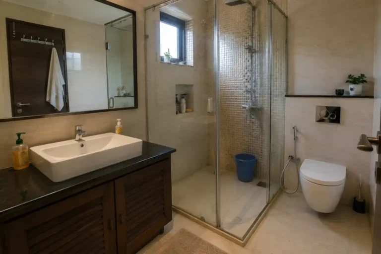 Modern bathroom with glass shower and marble finish in Sushant Lok Gurgaon