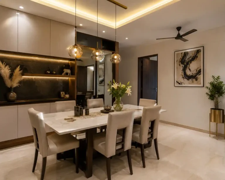 Luxury dining room interior with marble table in M3M Golfestate Gurgaon