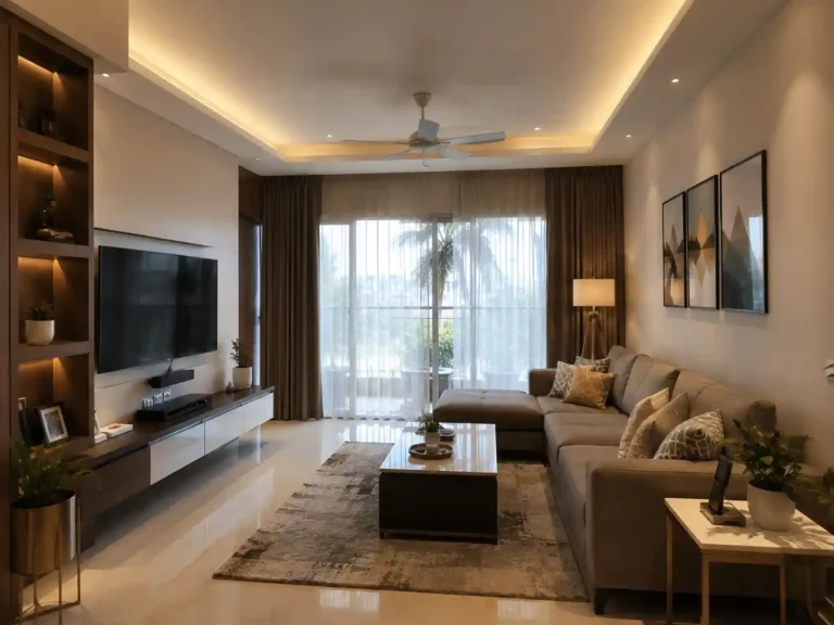 Modern living room with custom TV unit in Sector 62 Gurgaon
