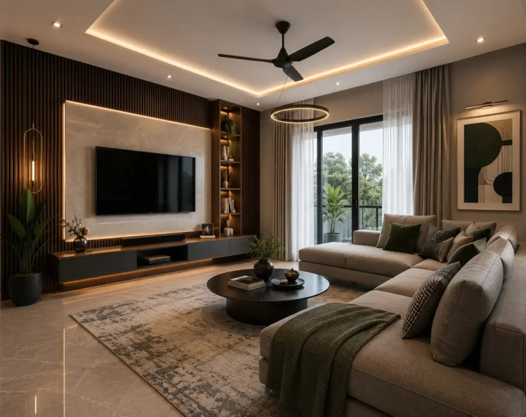 Modern minimalist living room interior design in Noida
